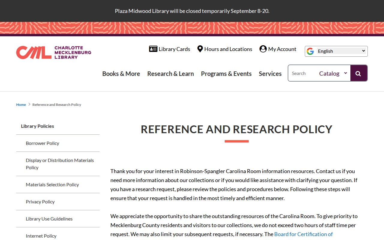 Mecklenburg County city directory library reference policy