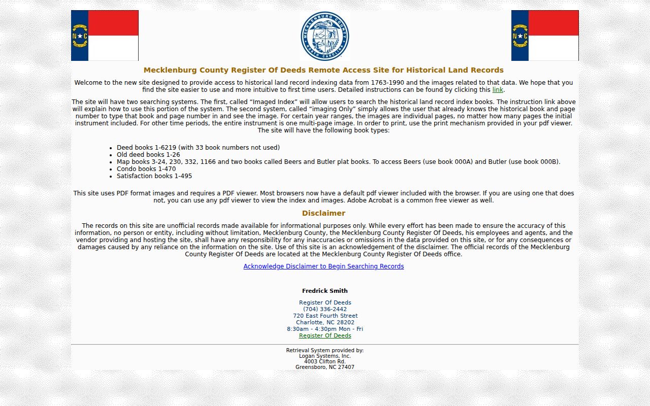 Mecklenburg County previous residents historic grantor grantee deed index