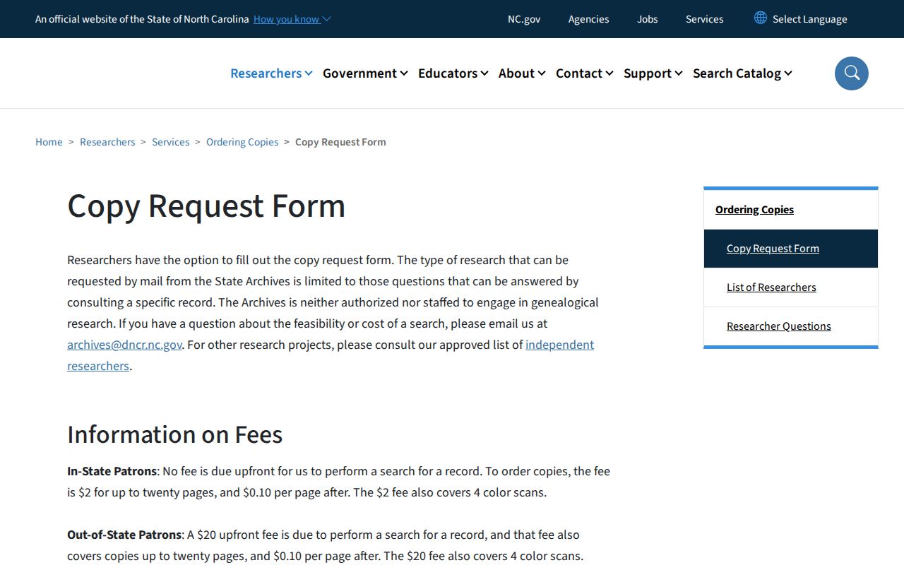 Mecklenburg County previous residents North Carolina State Archives copy request