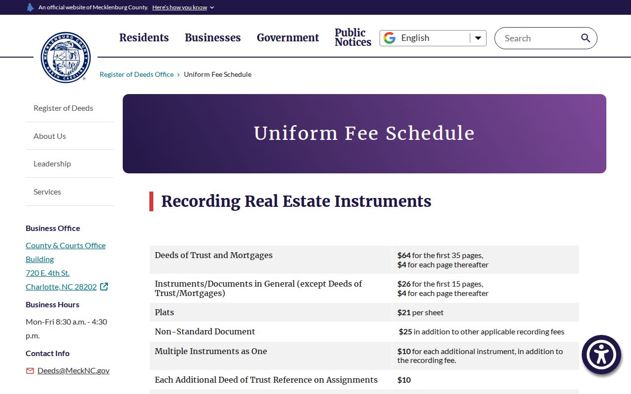 Mecklenburg County previous residents Register of Deeds fee schedule