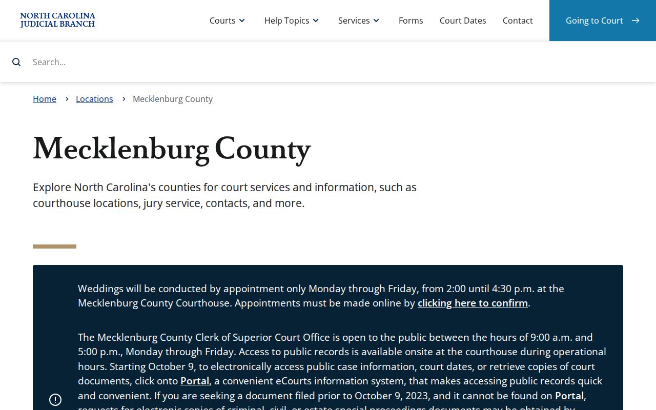 Mecklenburg County previous residents court location and clerk route