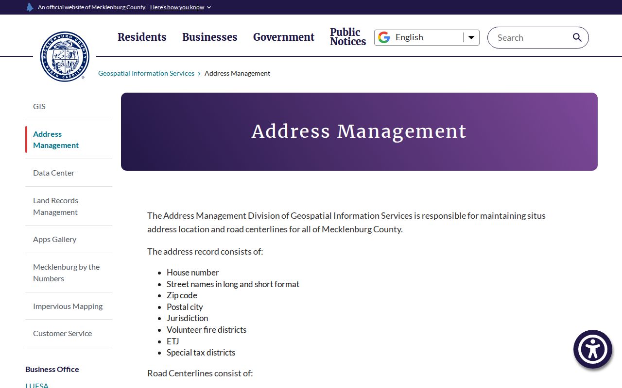 Mecklenburg street directory GIS address management information