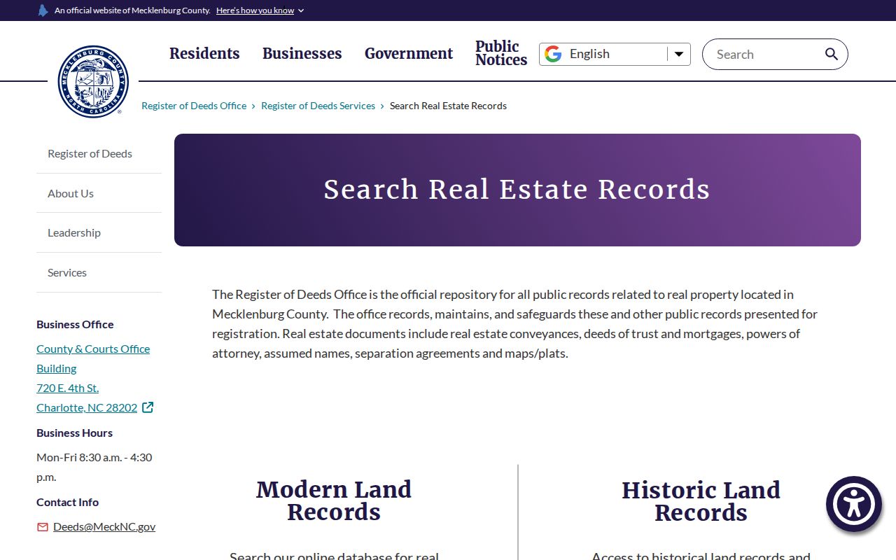 Mecklenburg street directory Register of Deeds real estate records